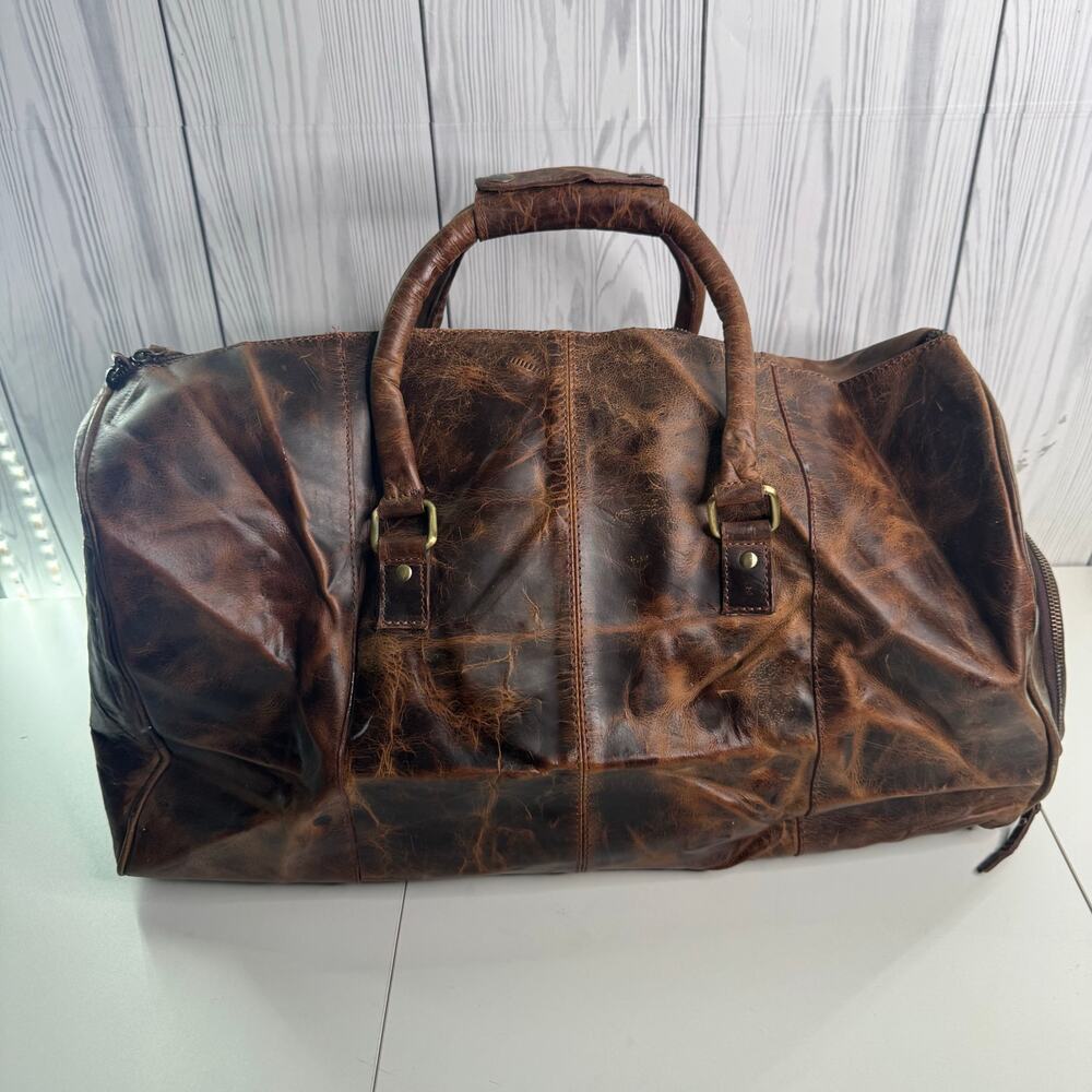 Vintage 90’s Brown Leather Weekender Duffle Patchwork Bag 20”x10”x10” Logo/Name - Picture 5 of 13